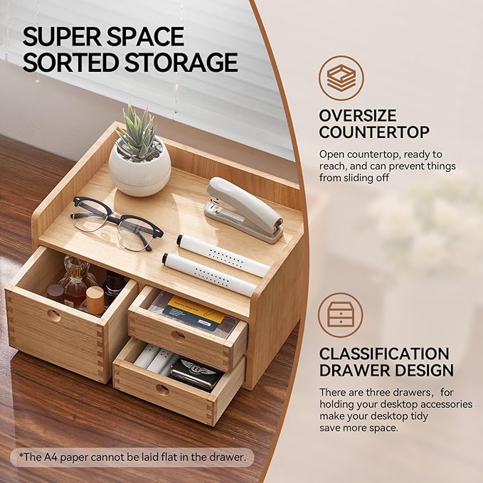KIRIGEN Desk Organizer with 3 Drawers - Wood Drawer Storage Box with Trays for Tabletop - Workspace Office Toiletries Supplies Tool Caddy - Wooden Storage Cabinet Natural（DT1D3C-NA）