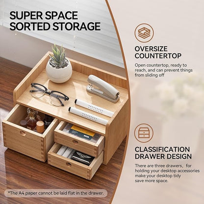 KIRIGEN Desk Organizer with 3 Drawers - Wood Drawer Storage Box with Trays for Tabletop - Workspace Office Toiletries Supplies Tool Caddy - Wooden Storage Cabinet Natural（DT1D3C-NA）