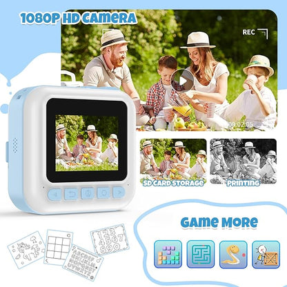 Kid Camera for Boys,Portable Toddler Blue Printing Camera Toy 1080P Video Cameras Children Instant Print Camera for Kids 3 Print Paper & 32G Card Christmas Birthday Gifts（Blue）