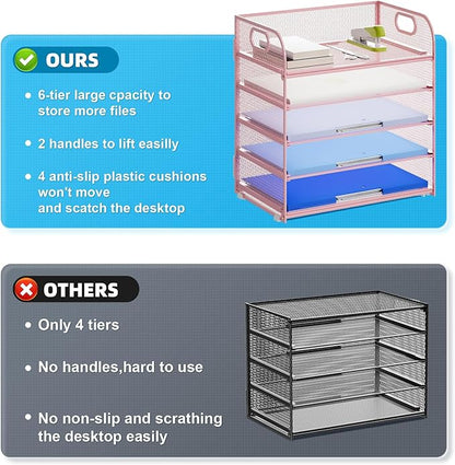 Marbrasse Paper Organizer Letter Tray, 5 Tier Mesh File Organizer with Handle, Paper Sorter Desk Organizer for Home Office Supplies - Pink
