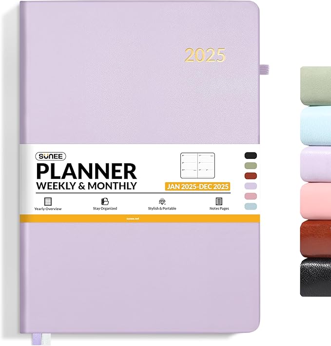 SUNEE 2025 Weekly & Monthly Hardcover Planner 8" x 11" - 12 Month (January 2025 - December 2025), Small Hardcover Planner, Pocket, Notes, 100 GSM Paper, Light Purple