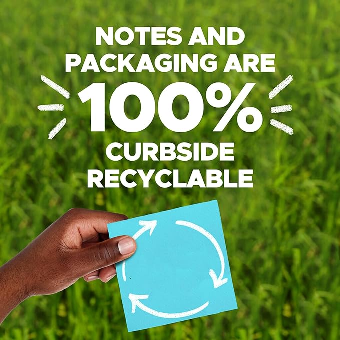 Post-it 100% Recycled Paper Super Sticky Notes, Lined, 4 in. x 4 in., 3 Pads, 70 Sheets per Pad, Oasis Collection, School Supplies and Office Products
