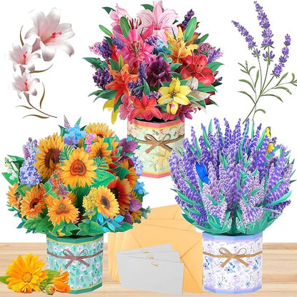 3 Pack Paper Flower Pop Up Cards, Flower Bouquet Card Popup 3D Greeting Cards for Mother's Day, Graduation, Anniversary, Birthday, Congratulations, Get Well, Home Decor, with Envelope