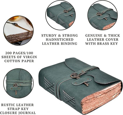 Leather Journal - Vintage Leather bound Journal For Women Men – Handmade Vintage Deckle Edge Paper – Vintage Key Closure - Book of Shadows -Leather Sketchbook - 10 inches X 7 inches