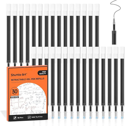 Retractable Gel Pen Refills, Shuttle Art 30 Pack Black Rollerball Gel Ink Pens Refills, Bulk Set, 0.7mm Fine Point for Writing Journaling Taking Notes School Office Home
