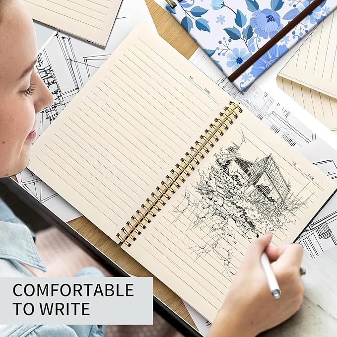Spiral Journal Notebook, A5 Cute Notebooks for Women Men, College Ruled Hardcover Notebook for Work & Note Taking, 60 Pages Double-Wire Journals for Writing Cute Blue Flowers