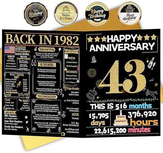 Joycard 43rd Anniversary Card for Women Men, Gold Wedding Card for Wife Husband, Sweet Marriage Decorations Gifts for Couple, Perfect for Her Him on Anniversary Day, Back in 1982