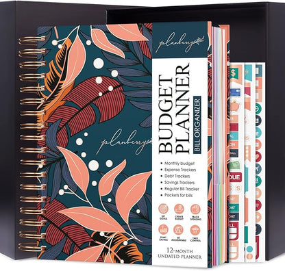 PLANBERRY Large Budget Planner & Monthly Bill Organizer with Pockets – Budgeting Book, Finance & Expense Tracker, 8.3x9.4″ (Tropical Night)