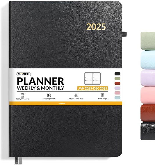 SUNEE 2025 Weekly & Monthly Hardcover Planner 8" x 11" - 12 Month (January 2025 - December 2025), Small Hardcover Planner, Pocket, Notes, 100 GSM Paper, Black