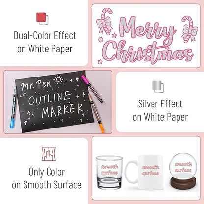 Mr. Pen- Double Line Outline Markers, 24 Colors, Shimmer Markers Outline Double Line, Metallic Outline Markers Self-Outline Metallic Markers, Outline Pens, Outline Marker, Outline Markers for Drawing