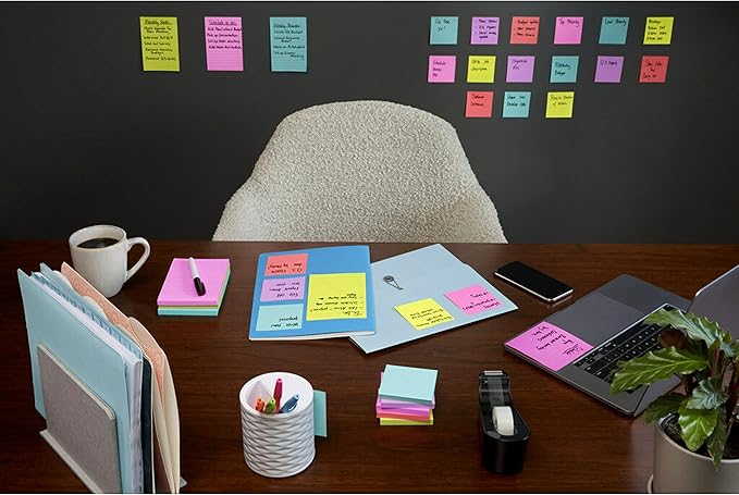 Post-it Super Sticky Lined Notes, 5 Sticky Note Pads, 4x6 in, 2X The Sticking Power, School Supplies, Office Products, Sticky Notes for Vertical Surfaces, Monitors, Walls and Windows, Bright Colors