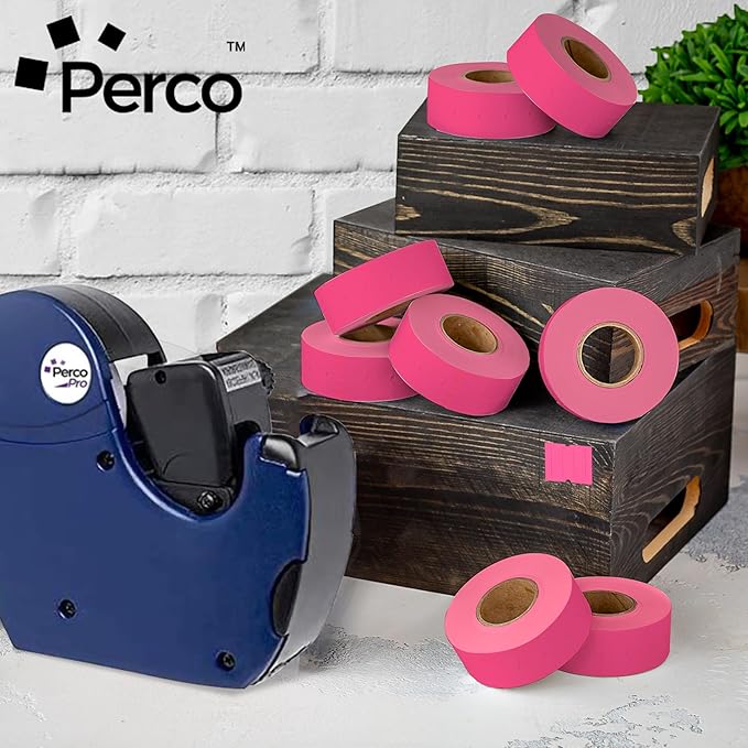 Perco 2 Line Fluorescent Pink Labels - 8 Rolls, 1 Sleeve, 6,000 Blank Price and Date Gun Labels for Perco 2 Line Price and Date Guns - Made in USA
