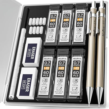 Nicpro 2 PCS 0.7 mm Metal Mechanical Pencils Set, Drafting Pencil for Artist Writing, Sketching, Drawing, with 4 Tubes HB Lead Refill & Erasers, Erasers Refills & Storage Case