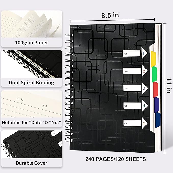 CAGIE 2 Pack Spiral Notebooks College Ruled Total 480 Pages 5 Subject Notebook with Tabs Dividers A4 Notebooks for Work Organization Note Taking School, Black& Blue, 8.5x11
