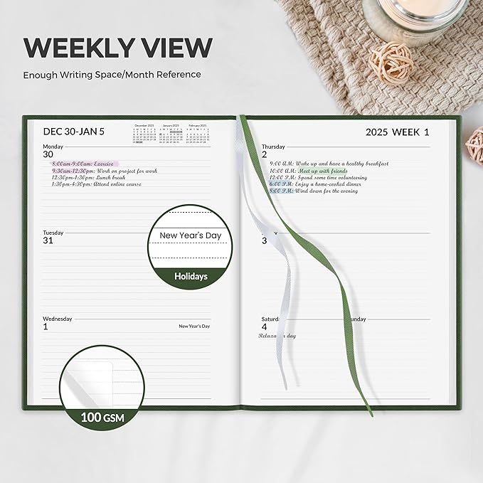 SUNEE 2025 Weekly & Monthly Hardcover Planner 5.5" x 8.3" - 12 Month (January 2025 - December 2025), Small Hardcover Planner, Pocket, Notes, 100 GSM Paper, Deep Green