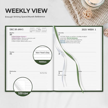 SUNEE 2025 Weekly & Monthly Hardcover Planner 5.5" x 8.3" - 12 Month (January 2025 - December 2025), Small Hardcover Planner, Pocket, Notes, 100 GSM Paper, Deep Green