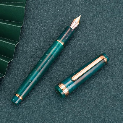 Jinhao 82 Acrylic Fountain Pen, Iridium Extra Fine Nib with Ink Converter, Transparent Peacock Blue Fluorescent Classic Design Smooth Writing Pen (Gold Trim)