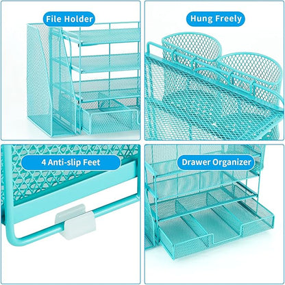 gianotter Paper Letter Tray Organizer with File Holder, 4-Tier Desk Accessories & Workspace Organizers with Drawer and 2 Pen Holder, Desk Organizers and Accessories for Office Supplies (Blue)
