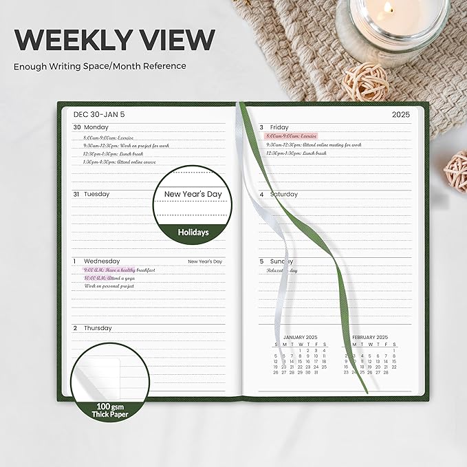 SUNEE 2025 Pocket Weekly Planner for Purse 3.5" x 6" - 12 Month (January 2025 - December 2025), Pocket Size Planner, Hardcover, Notes, Pocket, 100 GSM Paper, Deep Green