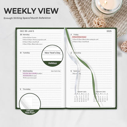 SUNEE 2025 Pocket Weekly Planner for Purse 3.5" x 6" - 12 Month (January 2025 - December 2025), Pocket Size Planner, Hardcover, Notes, Pocket, 100 GSM Paper, Deep Green