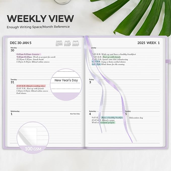 SUNEE 2025 Weekly & Monthly Hardcover Planner 8" x 11" - 12 Month (January 2025 - December 2025), Small Hardcover Planner, Pocket, Notes, 100 GSM Paper, Light Purple
