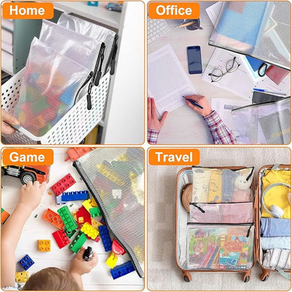 24 Pack A4 Mesh Zipper Pouch Bags, Storage Bags, File Bags for Classroom Organization, Zipper Pouches of Office Supplies, Puzzles, Board Game Storage（Black）