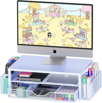 Desk Organizers and Accessories, 2-Tier Computer Monitor Stand for Desk Organizer with Drawer and 2 Pen Holders, Office Desk Accessories Workspace Desktop Organizers for Office Supplies, Blue