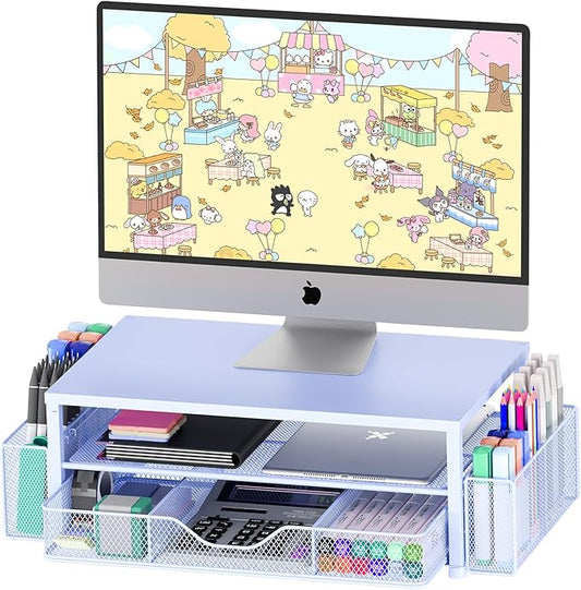 Desk Organizers and Accessories, 2-Tier Computer Monitor Stand for Desk Organizer with Drawer and 2 Pen Holders, Office Desk Accessories Workspace Desktop Organizers for Office Supplies, Blue