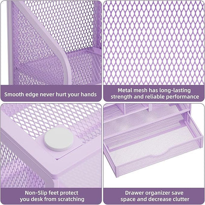 Marbrasse Mesh Pen Holder for Desk, Desk Organizer with Drawer, Multi-Functional Pencil Organizer, Desk Organizers and Accessories for Office Art Supplies (Purple)