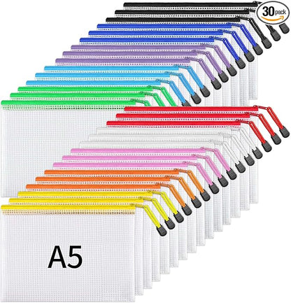 JARLINK 30 Pack 10 Colors Zipper Mesh Document Pouch, 6x9 Inch/A5, Plastic Water-Resistant File Bags, for School Office Supplies, Cosmetics Travel Storage, Assorted Color