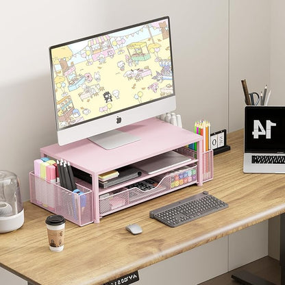 Desk Organizers and Accessories, 2-Tier Computer Monitor Stand for Desk Organizer with Drawer and 2 Pen Holders, Office Desk Accessories Workspace Desktop Organizers for Office Supplies, Pink