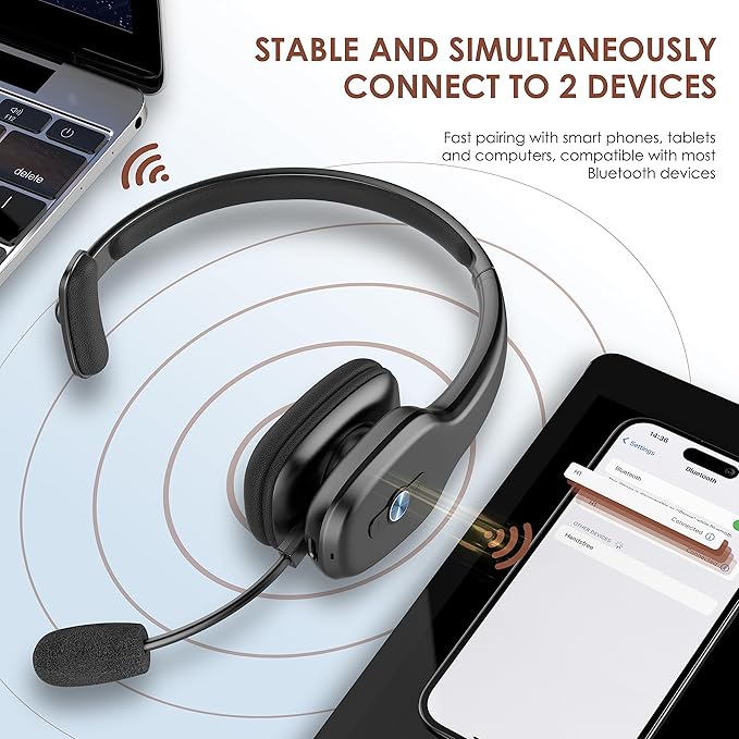 Bluetooth Headset, Trucker Bluetooth Headset with Microphone, 60 Hours Working Time Wireless on-Ear Headset for Computer Cell Phone Trucker Home Office Work (Black)