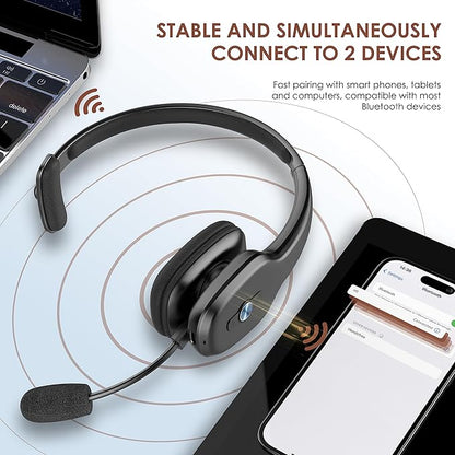 Bluetooth Headset, Trucker Bluetooth Headset with Microphone, 60 Hours Working Time Wireless on-Ear Headset for Computer Cell Phone Trucker Home Office Work (Black)
