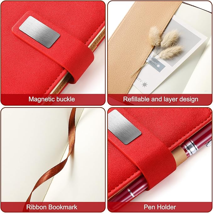 A5 Blank Journal Notebook, Refillable Hardcover Leather Sketchbook with Pocket and Magnetic Buckle, 240 Pages Travel Sketchbook for Drawing and Writing, 80gsm Unlined Journal for Men and Women - Red