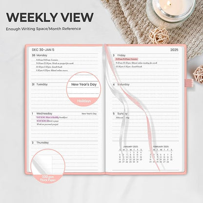 SUNEE 2025 Pocket Weekly Planner for Purse 3.5" x 6" - 12 Month (January 2025 - December 2025), Pocket Size Planner, Hardcover, Notes, Pocket, 100 GSM Paper, Peach Pink