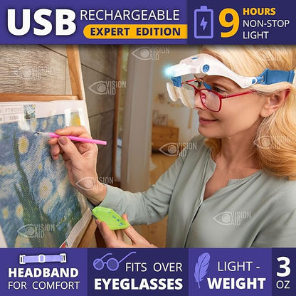 Vision Aid Expert Edition Magnifying Glasses with USB Rechargeable LED Light and Storage Case Hands Free Head Magnifier for Hobby Painting Close Work