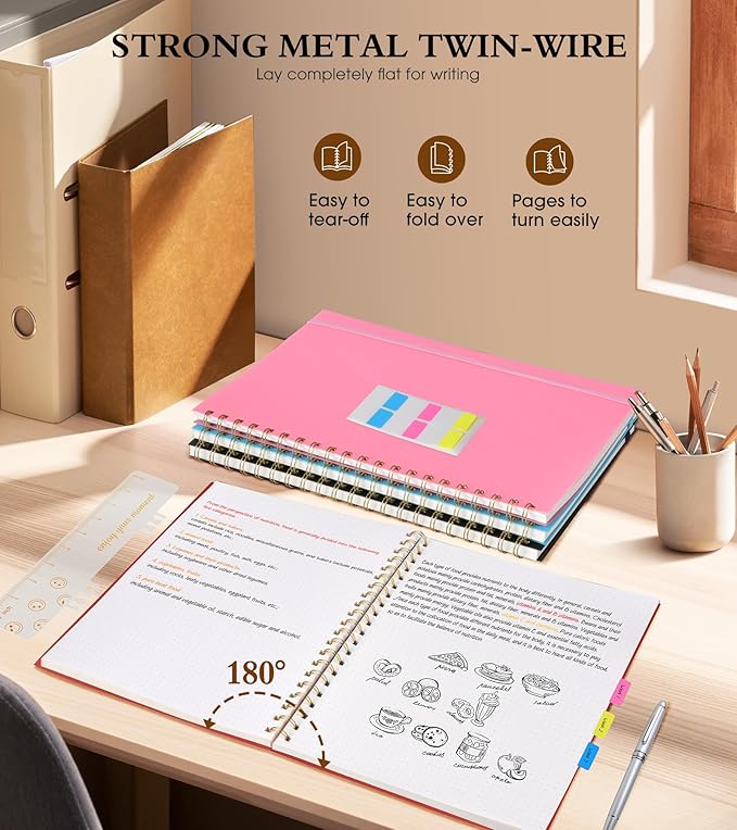 Dotted Notebook, Spiral Notebook Journal 8.5” x 11”, A4 Large Dot Grid Notebooks for Women Men, 100 GSM Dotted Paper, Plastic Hardcover Spiral Bullet Dotted Journals for Work School Sketching, Red
