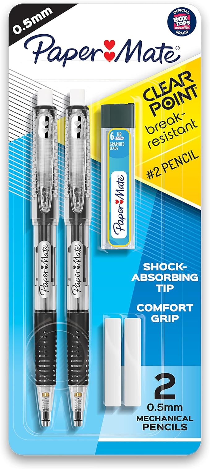 Paper Mate Clearpoint Mechanical Pencils 0.5mm, Break Resistant HB #2 Lead, School Supplies, Art Supplies, Drawing Supplies, Sketching Pencils, 2 Pencils, Black, 1 Lead Refill Set, 2 Erasers