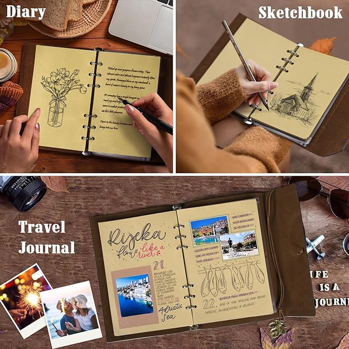 OMEYA PU Leather Journal Notebook, Travel Journal with 2 Pockets, Vintage Refillable Journal for Writing, Diary Journal for Women, Men, Girls and Boys, 100GSM Blank Paper, 160 Pages (Green A6)