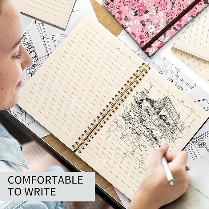 Spiral Journal Notebook, A5 Cute Notebooks for Women Men, College Ruled Hardcover Notebook for Work & Note Taking, 60 Pages Double-Wire Journals for Writing Pink Boho Flowers