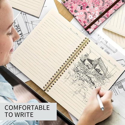 Spiral Journal Notebook, A5 Cute Notebooks for Women Men, College Ruled Hardcover Notebook for Work & Note Taking, 60 Pages Double-Wire Journals for Writing Pink Boho Flowers
