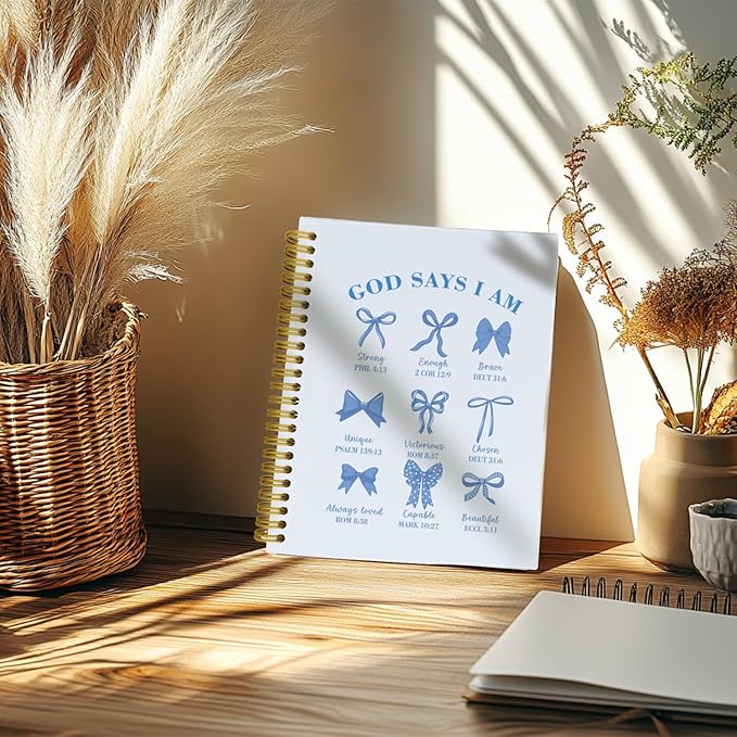 Coquette Blue Bows Bible Notebook,Aesthetic Composition Notebook, God Says I Am Christian Scripture Prayer Journal for Women, Positive Hardcover Spiral Notebooks College Ruled 5.5 x 8.3 (Blue)