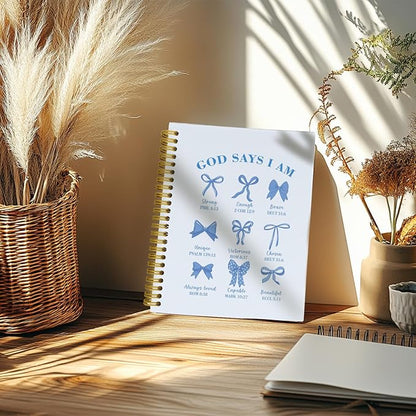 Coquette Blue Bows Bible Notebook,Aesthetic Composition Notebook, God Says I Am Christian Scripture Prayer Journal for Women, Positive Hardcover Spiral Notebooks College Ruled 5.5 x 8.3 (Blue)