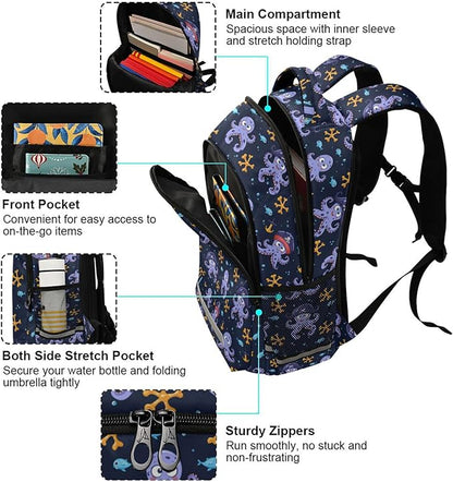 MNSRUU Laptop Backpack with Chest Strap, Octopus School Backpack, Travel Hiking Backpack for Boys Girls Teen Adult, Rucksack, Knapsack