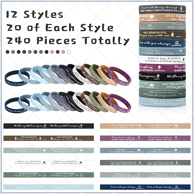 Unittype 240 Pcs Christian Silicone Bracelets Bulk Scripture Gifts Bible Verse Rubber Wristbands Religious Church Gifts for Women Men Party Favors Birthday Easter Baptism Gifts(Fresh Color)