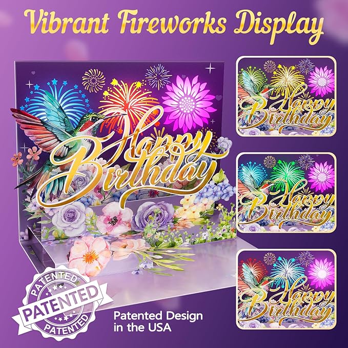 Birthday Card, Musical Pop Up Birthday Cards w Firework Lights, Play Happy Birthday Music Pop Up Card, Greeting Cards Gifts for Him or Her, Hummingbird