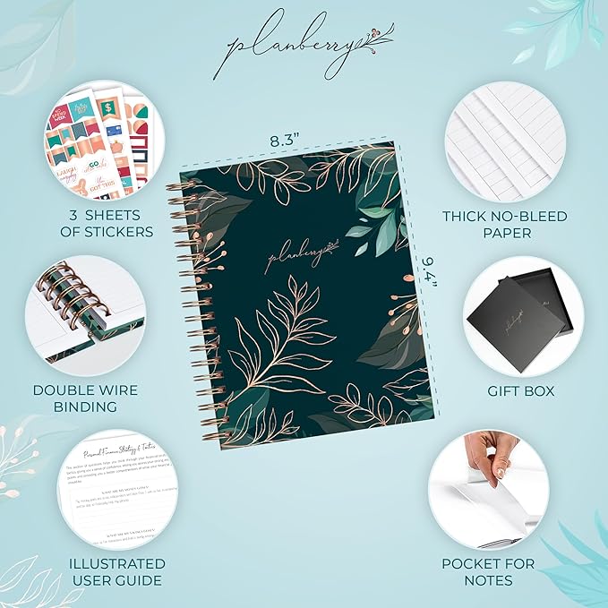 PLANBERRY Large Budget Planner & Monthly Bill Organizer with Pockets – Budgeting Book, Finance & Expense Tracker, 8.3x9.4″ (Green Pastures)