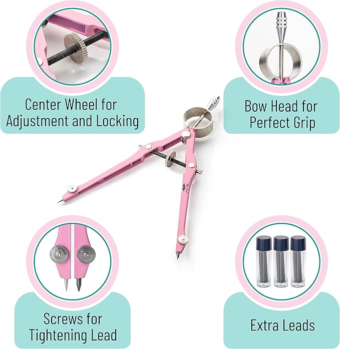 Mr. Pen- Professional Compass for Geometry, Pink, Extra Leads, Metal Compass, Compass, Compass Drawing Tool, Drawing Compass, Drafting Compass, Compass for Students, Compass for Woodworking