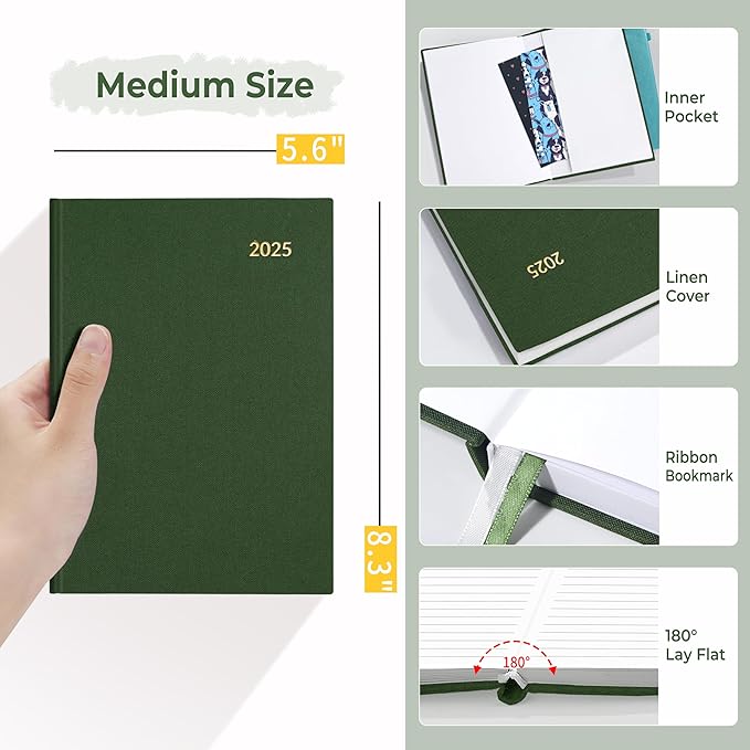 SUNEE 2025 Weekly & Monthly Hardcover Planner 5.5" x 8.3" - 12 Month (January 2025 - December 2025), Small Hardcover Planner, Pocket, Notes, 100 GSM Paper, Deep Green