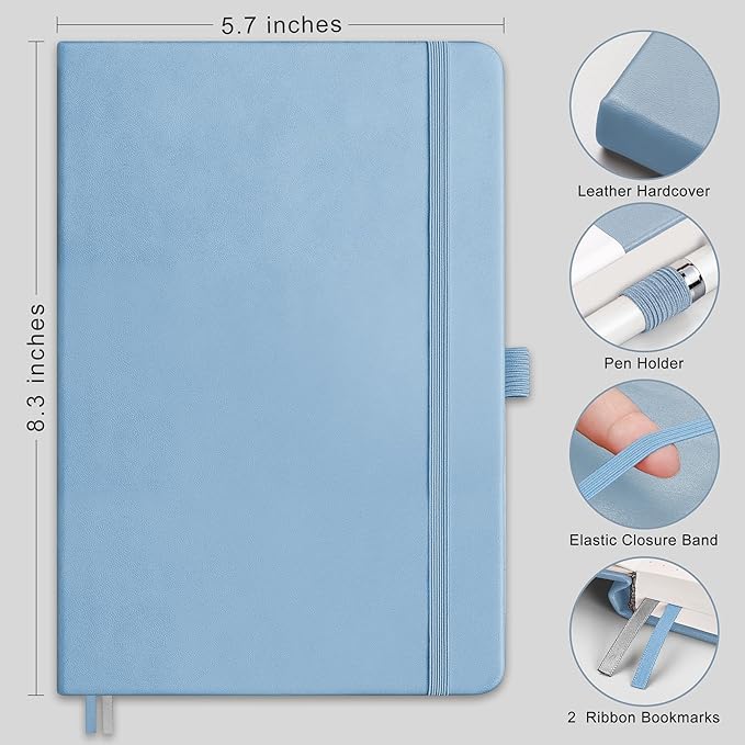 RETTACY Journaling Notebooks, A5 Lined Journal Notebook with 192 Numbered Pages, 5.7'' × 8.3'' Medium Size, for Writing, Work, Office, Leather Hardcover, 100 GSM Thick Paper (Light Blue)